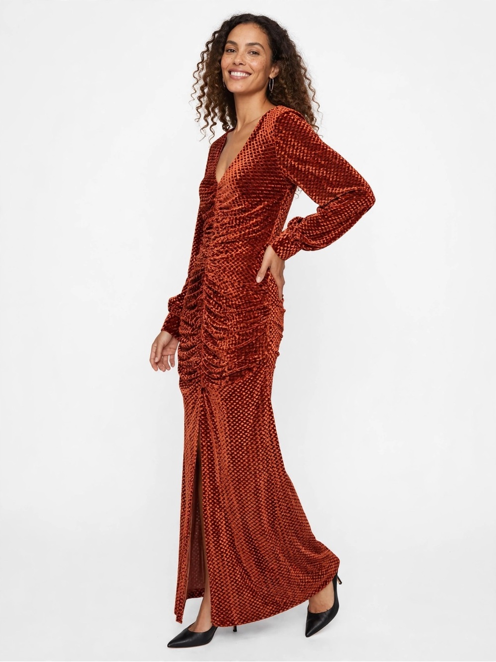 Unique Vintage Rust Velvet Ruched Maxi Dress 10 12 Long Sleeve Retro Glam